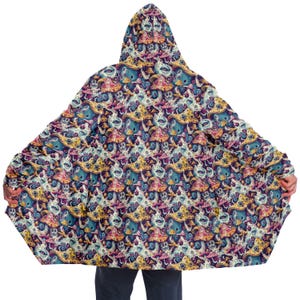 Psychedelic Trippy Magic Mushroom Print Microfleece Rave Jacket,EDM Festival Cloak,Rave Psychedelic Trippy Sherpa Lined Hooded Cloak,DJ Cape