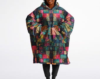 Fun Colourful Print Unisex Reversible Snug Hoodie,Psychedelic Vivid Colors Print Pullover Hooded Blanket with Sleeves,All Over Print Hoodie
