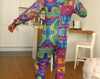 Men Rave Jumpsuit Festival Psychedelic Spiral Adult Zip Up Psy Pajamas Adult Onesie Creative Fun Christmas Gift for Friend
