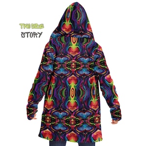 Capa con capucha y forro de sherpa psicodélico colorido para rave EDM, capa psicodélica, chaqueta con estampado psicodélico para festivales, ropa de fiesta Surreal Summit