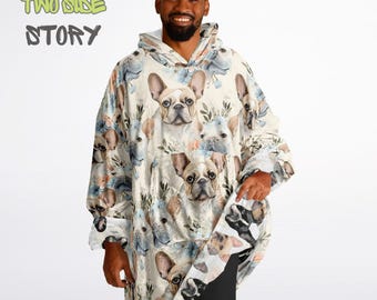 Bonita sudadera con capucha con estampado de bulldog francés, manta con capucha estampada, mangas de manta, ropa de estar, regalos novedosos de cumpleaños y Navidad para él, regalo para ella o él