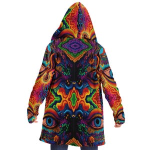 Psychedelic Trippy Eye Printed Microfleece Jacket,EDM Festival Trippy Cloak,Rave Cloak,Psychedelic Trippy Rave Sherpa Lined Hooded Cloak