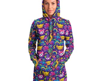 All Over Print Trippy Kawaii Jungle Animals Party Dress,Psychedelic Trippy Festival Longline Hoodie,Women Rave Outfit,Christmas Gift for Her