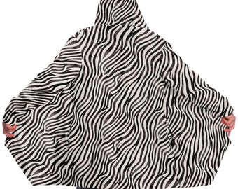 Unisex Sexy Zebra Print Y2K Sherpa Lined Cloak, EDM Festival Cloak,Rave Leopard Print Hooded Cape, DJ Cape,Rave Jacket, Burning Man Festival