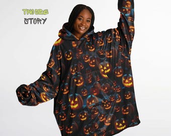 Zabawna, świecąca, przytulna, dyniowa bluza z kapturem na Halloween, nadrukowany kaptur, rękawy na koc, odzież wypoczynkowa, nowatorskie prezenty urodzinowe i świąteczne dla niego lub dla niej