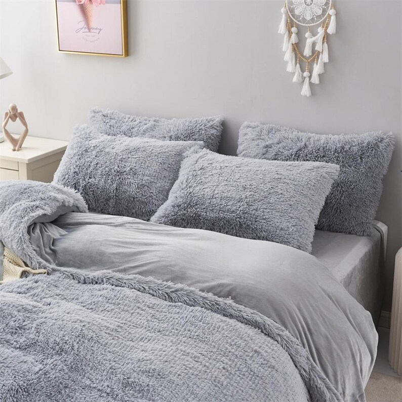 Light Grey Plush Fluffy Bedding Set – Soft Neutral Faux Fur Bed Set for ...