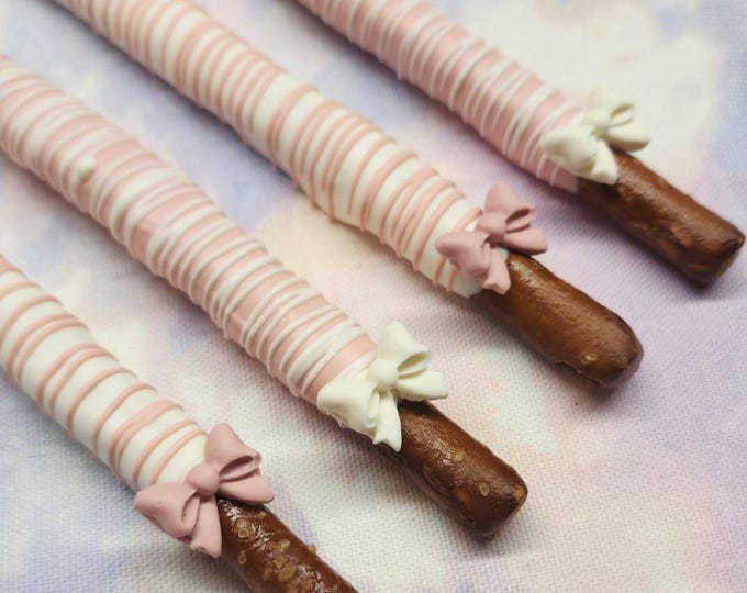 Pink and White Bows Chocolate Covered Pretzels, Girl Baby Shower Treats, Dessert Table, Dipped Pretzel Rods Party Favors