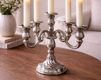 Vintage Versilberter Kandelaber 5 Arm, BMF West Germany Kerzenhalter, Kerzenhalter im Barockstil, Mittelstück, Eleganter Esstisch Dekor
