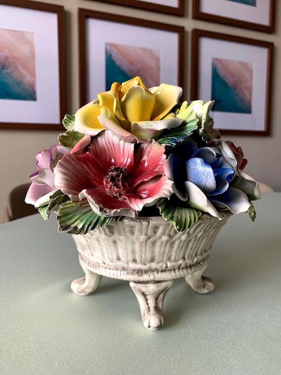 Vintage Bassano Ceramic Floral Centerpiece: Hand-painted Italian