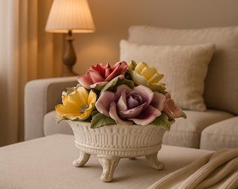 アンティーク　イタリア（Bassano） 花の装飾付き陶器製　大きなスーピエール Vintage Bassano Ceramic Floral Centerpiece: Hand-painted Italian