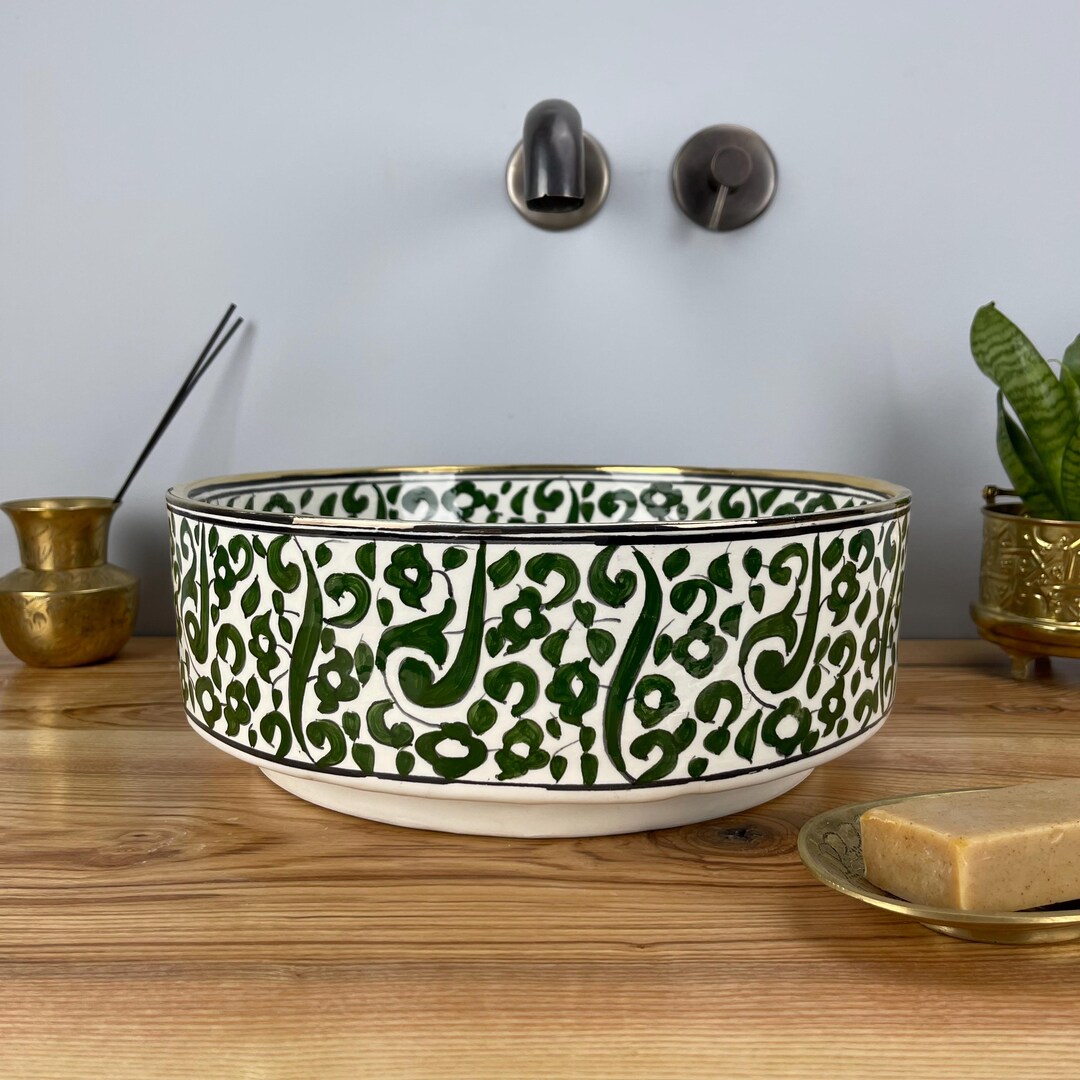 Green Gold Rimmed Sink, Gold Edge Wash Basin, Gold Accented Wash Basin ...