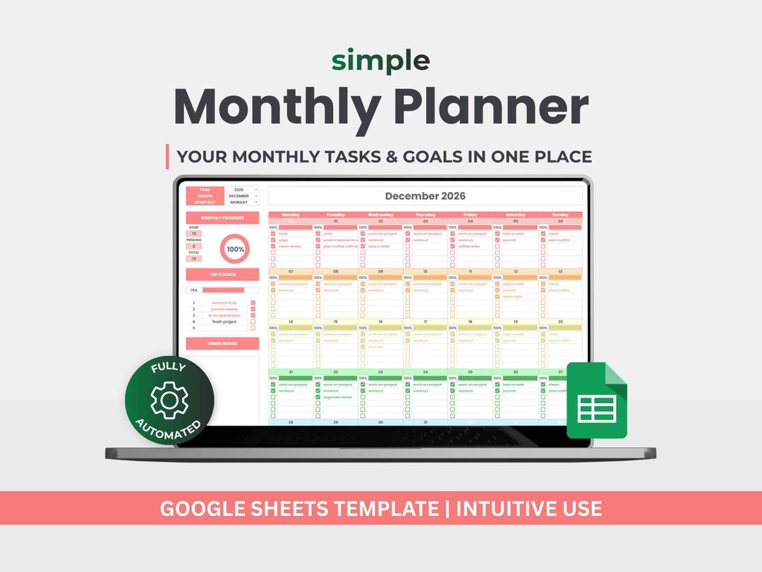 Google Sheets Calendar Template - Monthly Planner Spreadsheet - Task ...