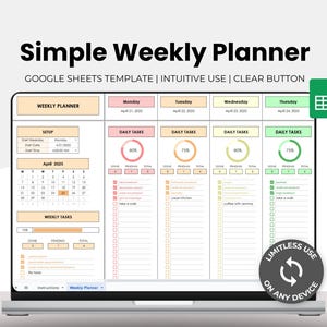 Planificador semanal de Google Sheets – Programa diario – Hojas de cálculo del planificador – Seguimiento de tareas