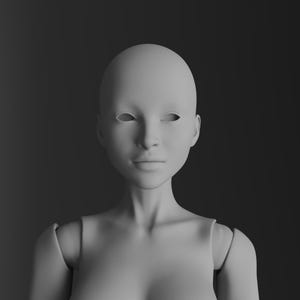 May include: A grayscale 3D-rendered doll head with a smooth, pale complexion. The doll has a rounded head, a subtle smile, and open eye sockets. The shoulders and upper torso are also visible, suggesting a full doll form.
