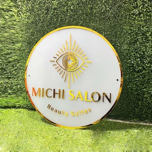 Enseigne logo rond 3D personnalisée | Enseigne commerciale acrylique 3D avec lettrage doré | Enseigne de logo d'entreprise de bureau | Signalétique acrylique pour petites entreprises