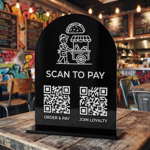 Anpassad QR-kodskylt i akryl | Skanna för att betala på skrivbordet för restaurang, tandklinik, bilverkstad, salong och butik