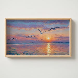 Sunset Ocean TV Art - Coastal Wall Art with Seagulls - Samsung Frame TV Art - Beach Decor, Seaside Landscape - Summer Art - Digital Download