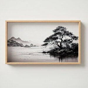 Samsung Frame TV Art – Japandi Watercolor Landscape – Minimal Black & White Digital Art – Zen Nature Scene – Monochrome Pine Tree Wall Decor