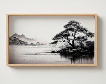 Samsung Frame TV Art – Japandi Aquarel Landschap – Minimalistische Zwart-Wit Digitale Kunst – Zen Natuurscène – Monochroom Dennenboom Wanddecoratie