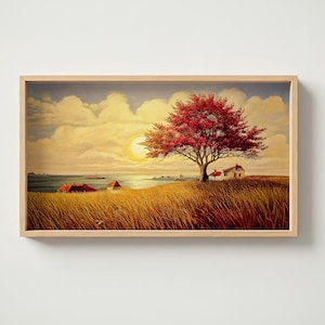Red Autumn Tree at Sunset TV Art - Autumn Tree Coastal Cottage - Digital Download - Samsung Frame Art - Seaside View Decor - Beach Landscape