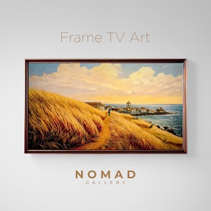 Frame TV Art Coastal Path to Seaside Village - Golden Wheat Field Landscape - Sunset Scene - Digital Download - Samsung Frame TV Art - 4K