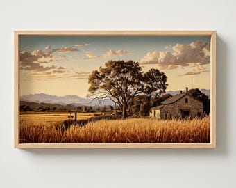 Farmhouse Landscape TV Art – Rustic Countryside Painting – Samsung Frame Art – Digital Download – Wheat Field Sunset Wall Decor - 4K TV Art