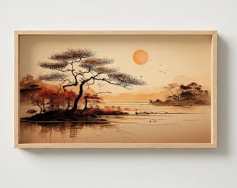 Samsung Frame TV Art – Japandi Ink Landscape – Minimal Watercolor Nature Scene – Golden Sunset – Lake Wall Decor – 4K - Zen Digital Download
