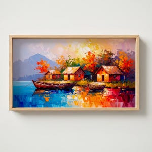 Autumn Lake Cabin Art - Samsung Frame TV - Cozy Fall Landscape Digital Wall Art - Country Lake Home Decor for Living Room - Digital Download