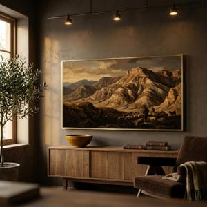 Puede incluir: Pintura de paisaje enmarcada que representa una cordillera con un pastor y un rebaño de ovejas. La obra de arte se exhibe sobre un mueble de madera con un cuenco amarillo. Un olivo en maceta y un sillón marrón completan la decoración.