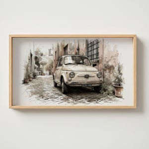 Vintage Car Samsung Frame TV Art, Italian Street Watercolor Sketch, Neutral Cobblestone Alley Painting, Rustic Home Decor, Digital Download
