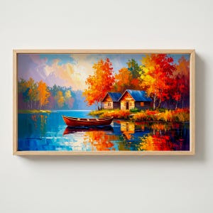 Moody Winter Lake TV Art, Rustic Cabin Landscape, Samsung Frame TV Art, Mountain Scenery Oil Painting, Dark Nature Screensaver, 4K