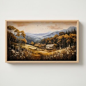 TV Art Autumn Mountain Village - Rustic Countryside Landscape - Digital Download - Samsung Frame TV Art - Fall Farmhouse Wall Art - 4K Art