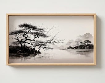 Samsung Frame TV Art – Japandi Ink Landscape – Minimal Watercolor Nature Scene – Monochrome Zen Decor – 4K Quiet River - Japandi Wall Art