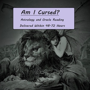 Könnte beinhalten: Schwarz-Weiß-Illustration mit einem angeketteten Löwen und einer geflügelten Figur. Der Text "Am I Cursed?" wird über den Worten "Astrologie und Orakel-Lesung" angezeigt. Das Bild hat eine dunkle, gotische Ästhetik.
