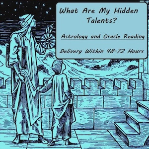 Puede incluir: Ilustración en tonos azules que muestra dos figuras con túnicas sobre una muralla, con un cielo estrellado de fondo. El texto en un rectángulo azul claro dice: "What Are My Hidden Talents? Astrology and Oracle Reading."