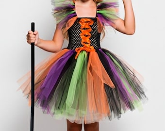 Fun, affordable witch costume for girls with dress, broom, and hat.