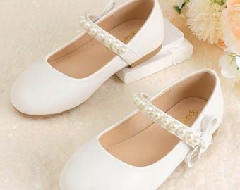 Girls’ White Dress Flats with Pearl Strap