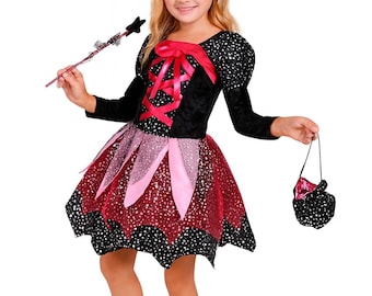 Affordable witch costume for girls with hat, bag and wand.