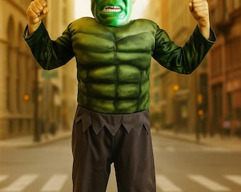 キッズハルクマッスルコスチューム - スーパーヒーローハロウィン衣装、マスク付き