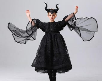 Disfraz de Hada Oscura para Niñas: Vestido de Reina Malvada con Cuernos