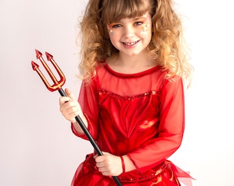 Girls Red Devil Costume: Sequin Dress, Horns & Tail