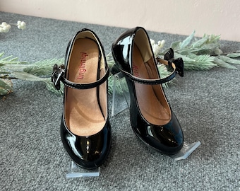 Girls Black Patent Leather Dress Shoes: Low Heel Ankle Strap