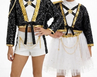 Girls Black Gold Sequin Pop Star Costume Set | Sparkly Performance Outfit with Tutu & Shorts