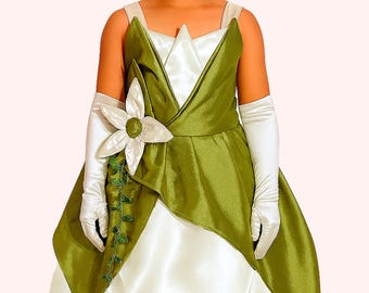 Handmade Tiana Princess Dress: Upcycled Fabrics, Floral Appliqués