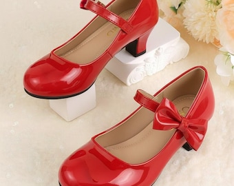 Girls Patent Leather Heeled Shoes in Pink and Red Pary Shoes