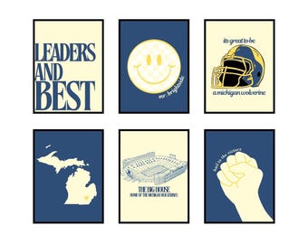 May include: Six printable wall art prints featuring a yellow smiley face, a football helmet, a state outline of Michigan, a stadium, a fist, and a text-based print that says "Leaders and Best".