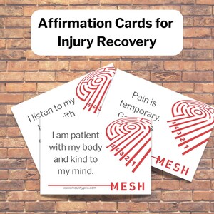 May include: Two white affirmation cards with red maze designs and text. The top card reads "Pain is temporary." The bottom card reads "I am patient with my body and kind to my mind." Both cards have the website "www.meshhypno.com" and the word "MESH" printed on them.