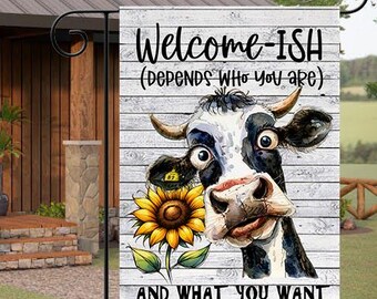 Funny Cow Garden Flag, Welcome-ish Yard Flag, Farmhouse Porch Decor, Sarcastic Outdoor Flag