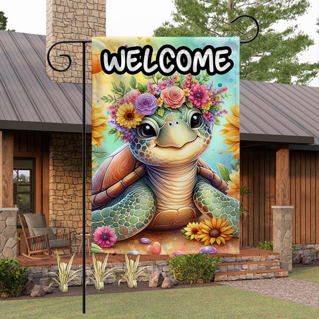 Welcome Turtle Garden Flag, Floral Crown Yard Decor, Double Sided ...