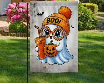 Boo Ghost Garden Flag, Cute Halloween Ghost Flag, Pumpkin Ghost Garden Flag, Spooky Fall Porch Decor, Funny Halloween Outdoor Flag
